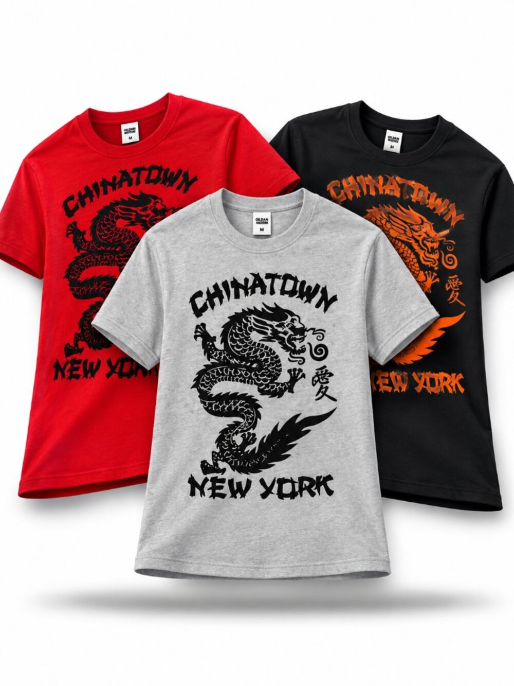 Pack of 3 Men's Chinatown New York Dragon Graphic T-Shirts Crew Neck S-XL